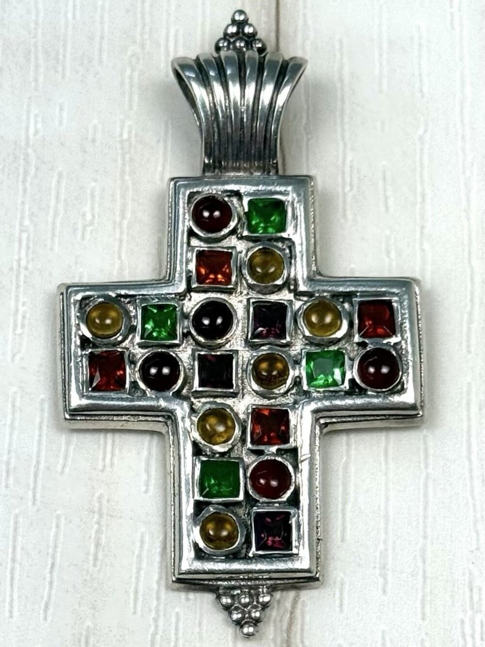 VTG 2.75" Sterling Silver 925 Multicolor Cabochon Gemstones CROSS PENDANT Marked